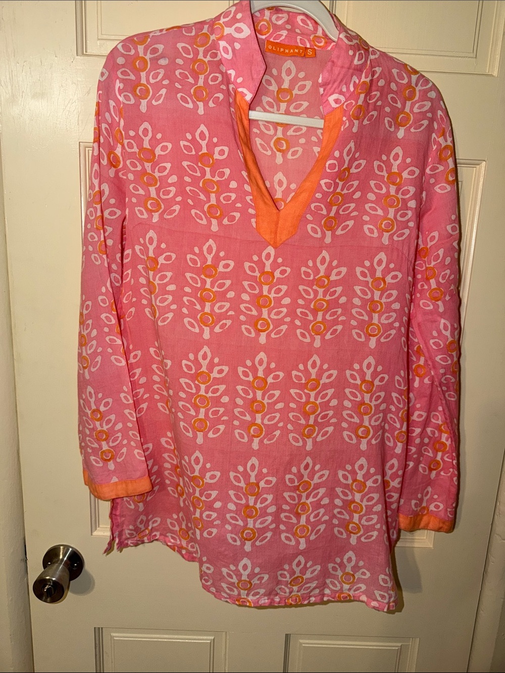 OLIPHANT Womens Pink Floral Print Tunic Top with Orange Trim